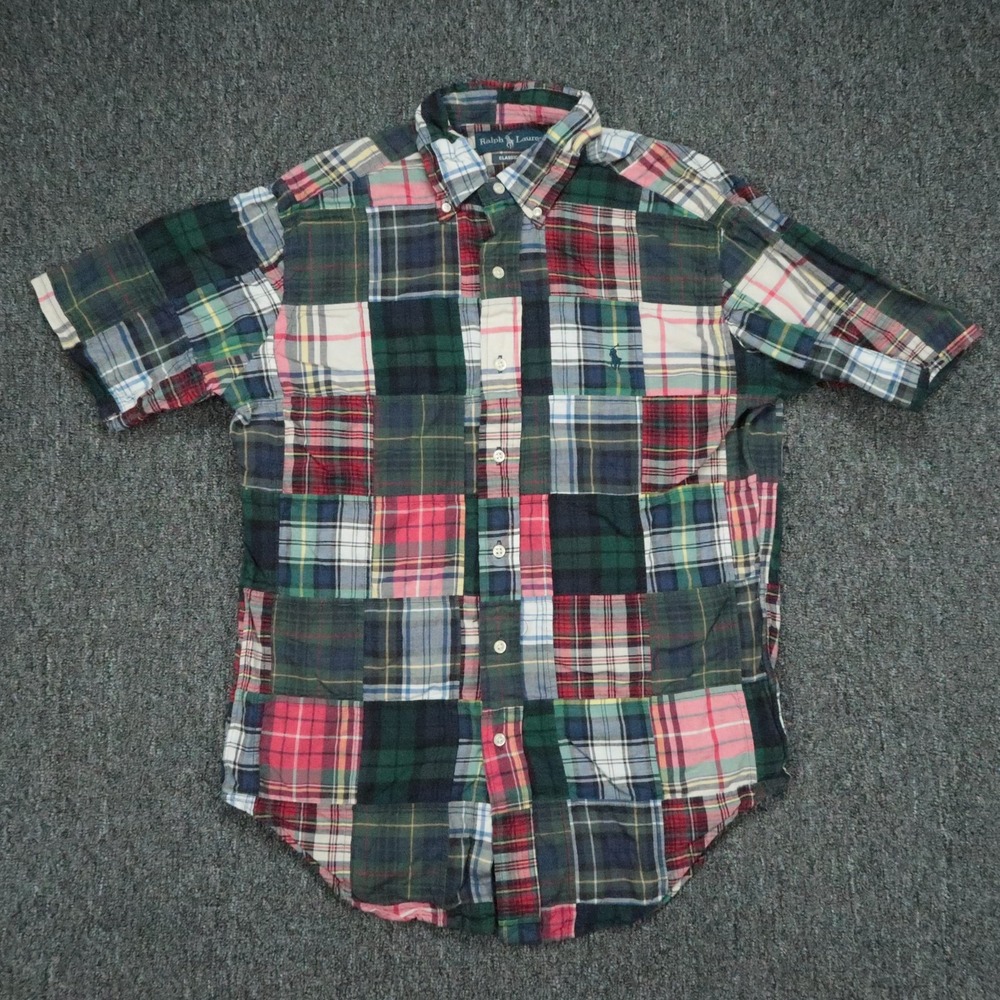 Ralph Lauren Shirt Men Medium Green Red Blue Plaid Patchwork Short Sleeve Madras